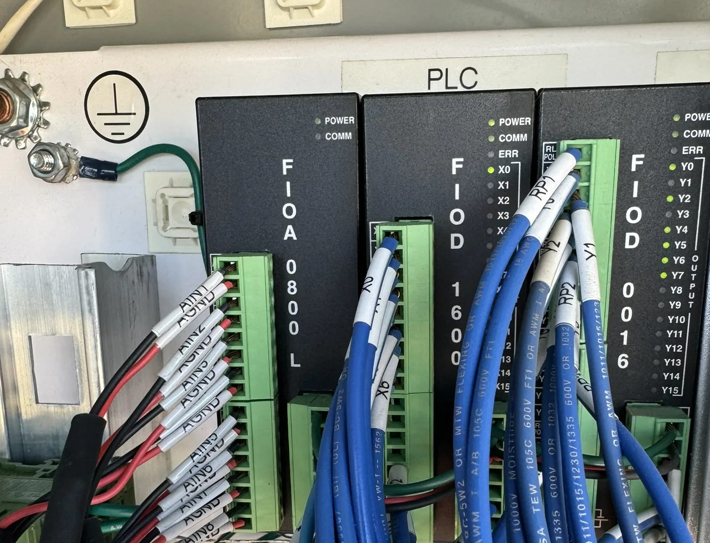 Remote I/O modules wired into a factory automation enclosure